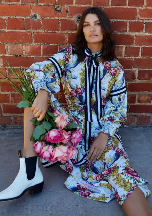 Binny - "EGG CUP POSY." Floral Print Linen/Viscose Midi Dress with Ribbon Placket & Neck Tie & Belt