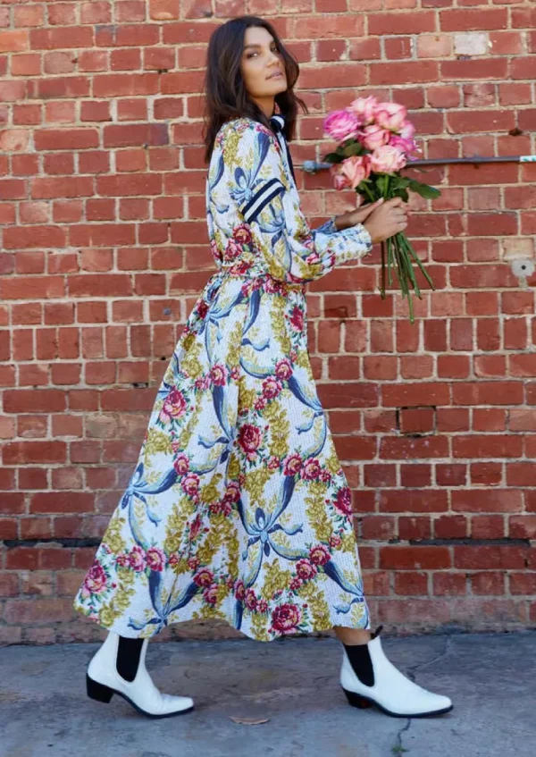 Binny - "EGG CUP POSY." Floral Print Linen/Viscose Midi Dress with Ribbon Placket & Neck Tie & Belt