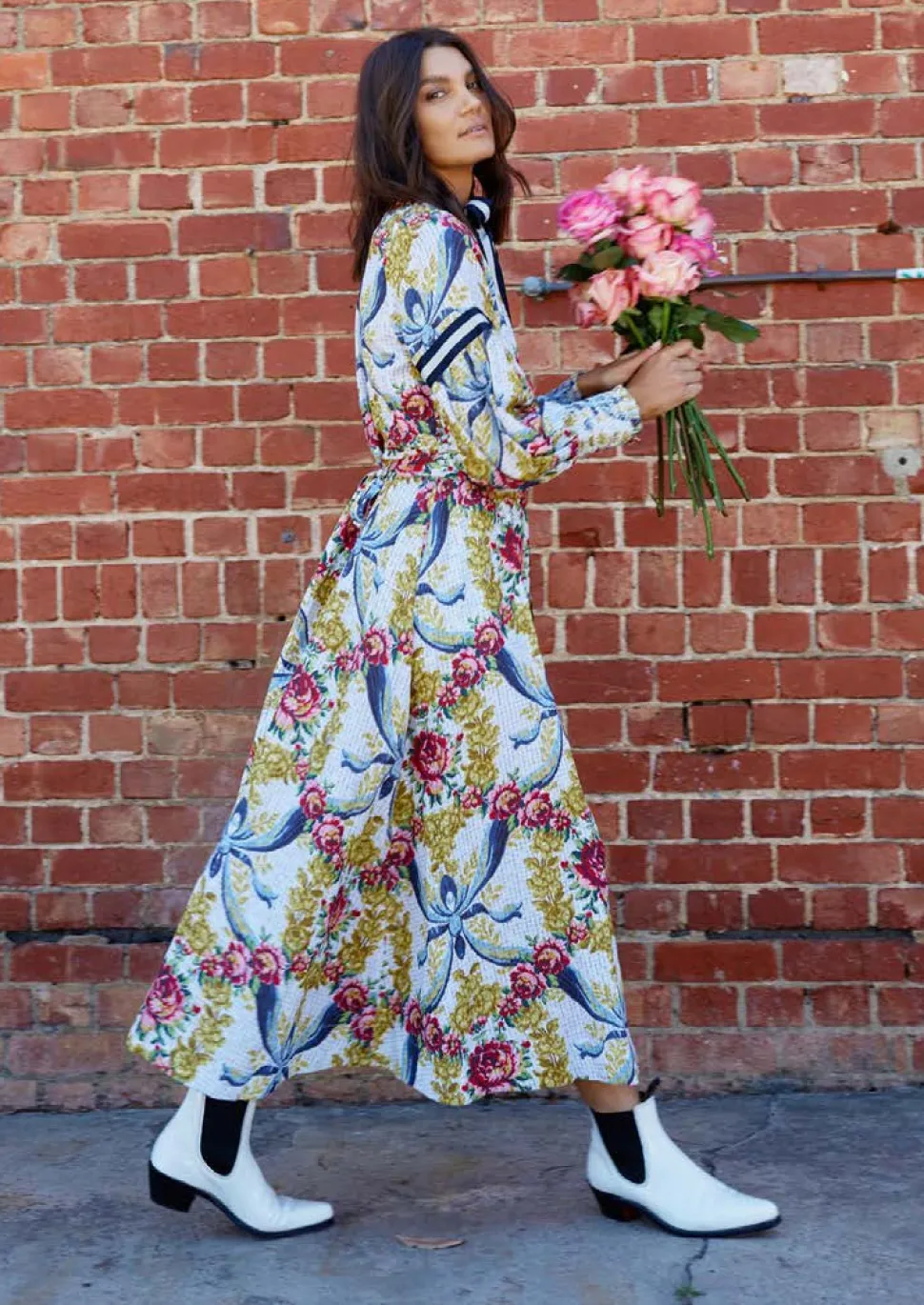 binny__egg_cup_posy_flora_1.webp Binny - "EGG CUP POSY." Floral Print Linen/Viscose Midi Dress with Ribbon Placket & Neck Tie & Belt