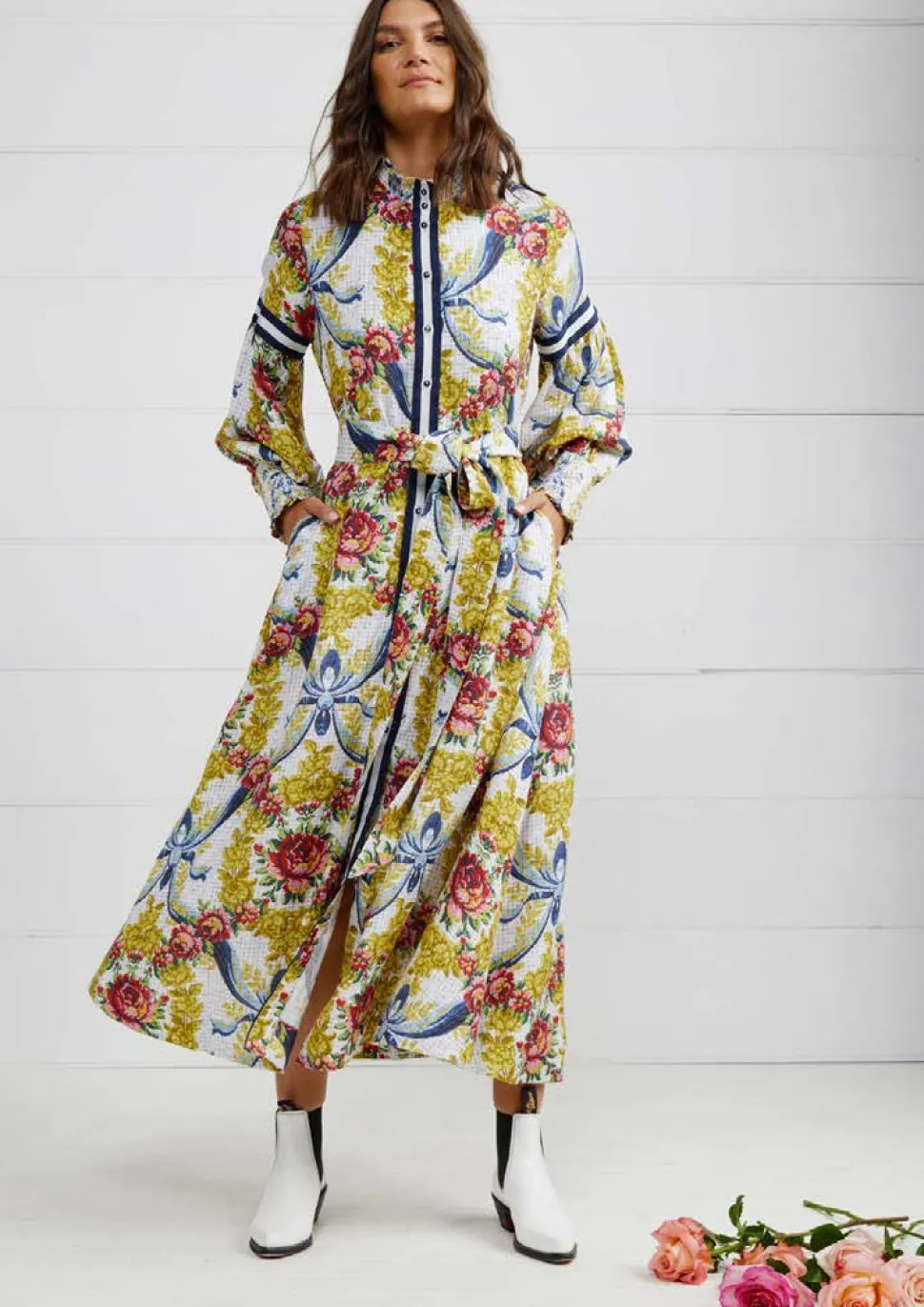 binny__egg_cup_posy_flora_2.webp Binny - "EGG CUP POSY." Floral Print Linen/Viscose Midi Dress with Ribbon Placket & Neck Tie & Belt