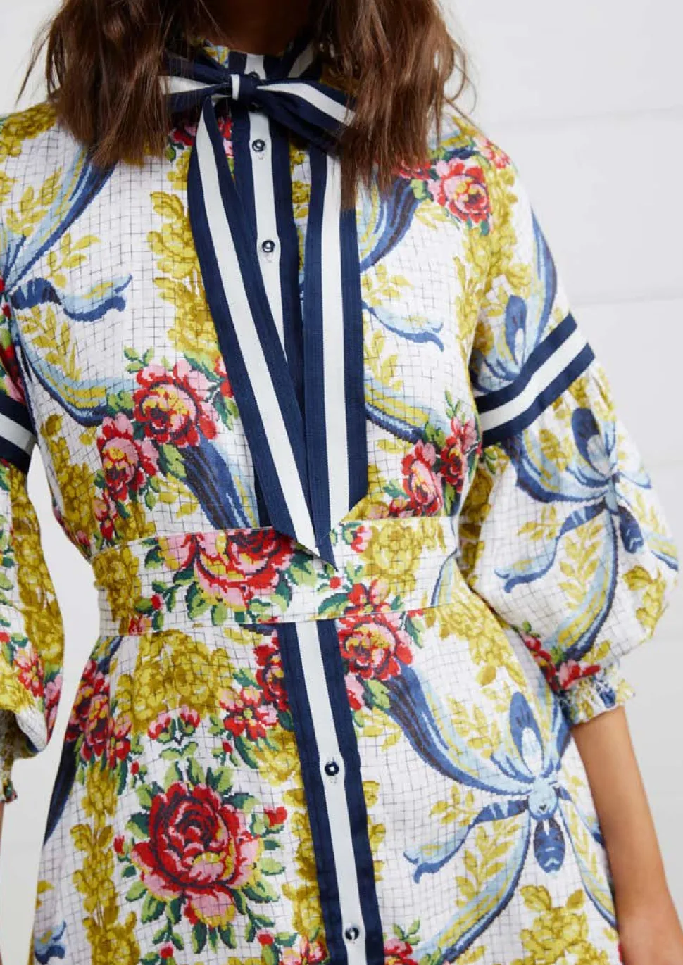 binny__egg_cup_posy_flora_3.webp Binny - "EGG CUP POSY." Floral Print Linen/Viscose Midi Dress with Ribbon Placket & Neck Tie & Belt