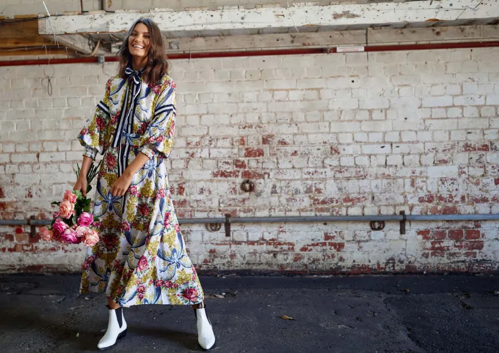 binny__egg_cup_posy_flora_4.webp Binny - "EGG CUP POSY." Floral Print Linen/Viscose Midi Dress with Ribbon Placket & Neck Tie & Belt