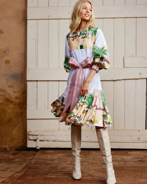 Binny - SEPPELTSFIELD ROAD Handpainted printed cotton poplin midi dress with Belt - The Valley
