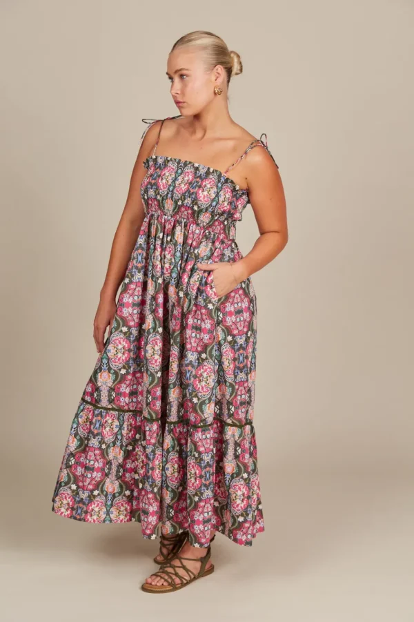 Isle of Mine - Remi Shirred Maxi Dress - Olive Fleuron LAST ONE SIZE L