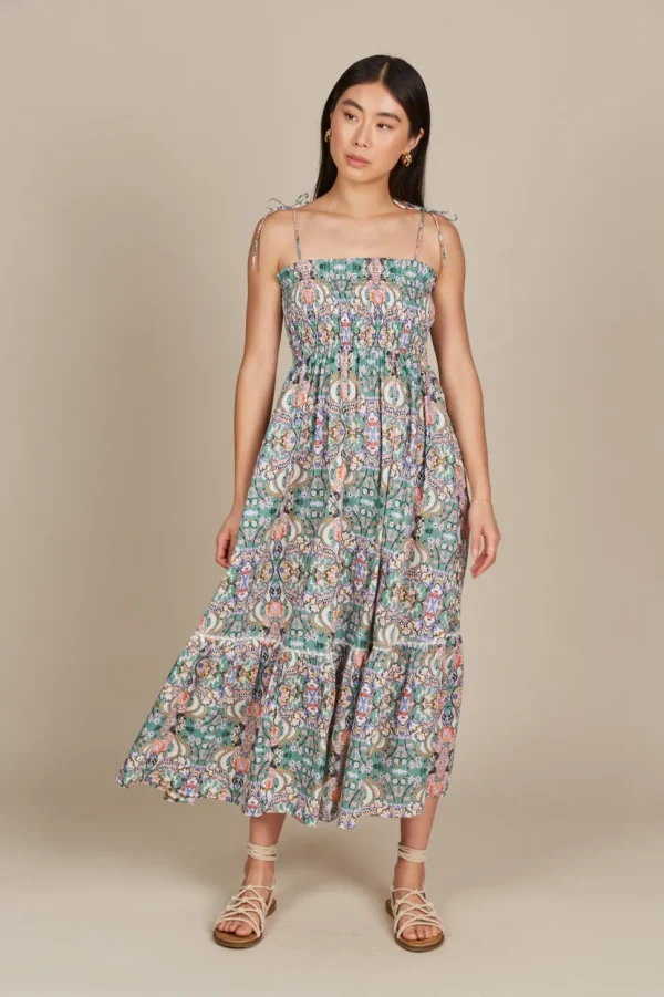 Isle of Mine - Remi Shirred Maxi Dress - Lotus Fleuron LAST ONE SIZE XS