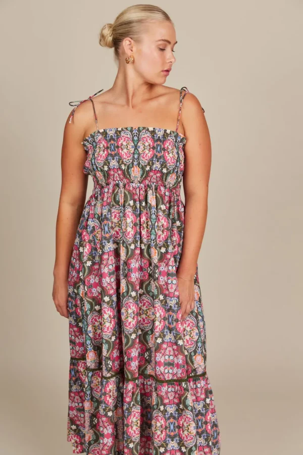 Isle of Mine - Remi Shirred Maxi Dress - Olive Fleuron LAST ONE SIZE L