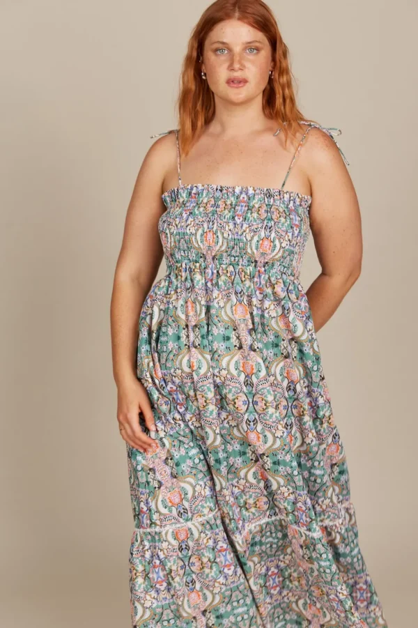 Isle of Mine - Remi Shirred Maxi Dress - Lotus Fleuron LAST ONE SIZE XS