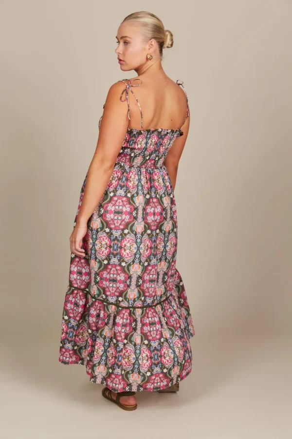 Isle of Mine - Remi Shirred Maxi Dress - Olive Fleuron LAST ONE SIZE L