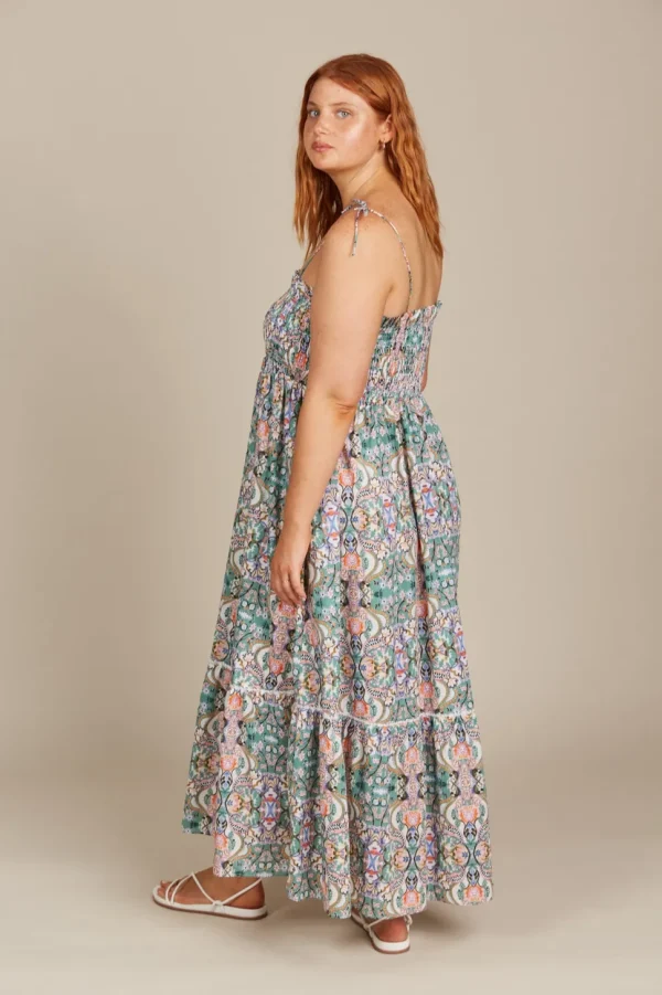 Isle of Mine - Remi Shirred Maxi Dress - Lotus Fleuron LAST ONE SIZE XS