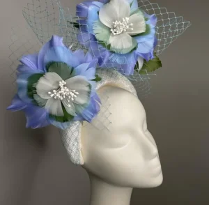 Melanie Ferrero - White Headband with Blue Feather Flowers