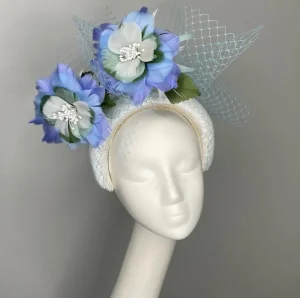 Melanie Ferrero - White Headband with Blue Feather Flowers