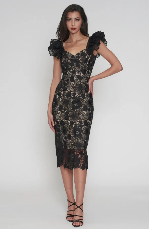 Romance - Paris Frill Sleeve Midi Dress - Black/Nude FINAL SALE