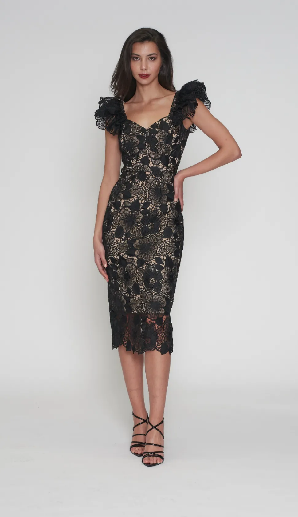 romance__paris_frill_slee_2.webp Romance - Paris Frill Sleeve Midi Dress - Black/Nude FINAL SALE