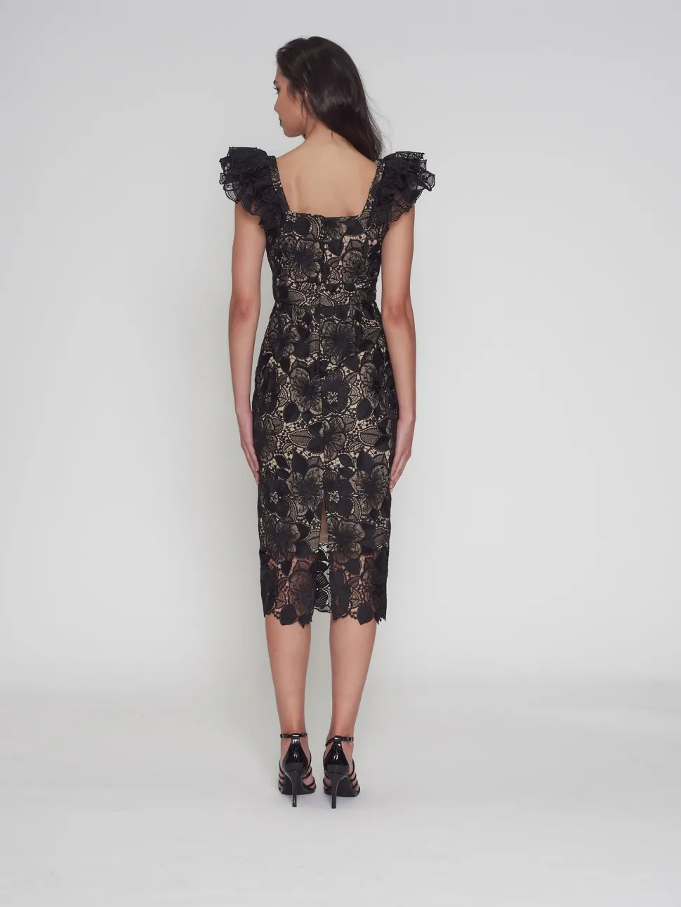 romance__paris_frill_slee_4.webp Romance - Paris Frill Sleeve Midi Dress - Black/Nude FINAL SALE