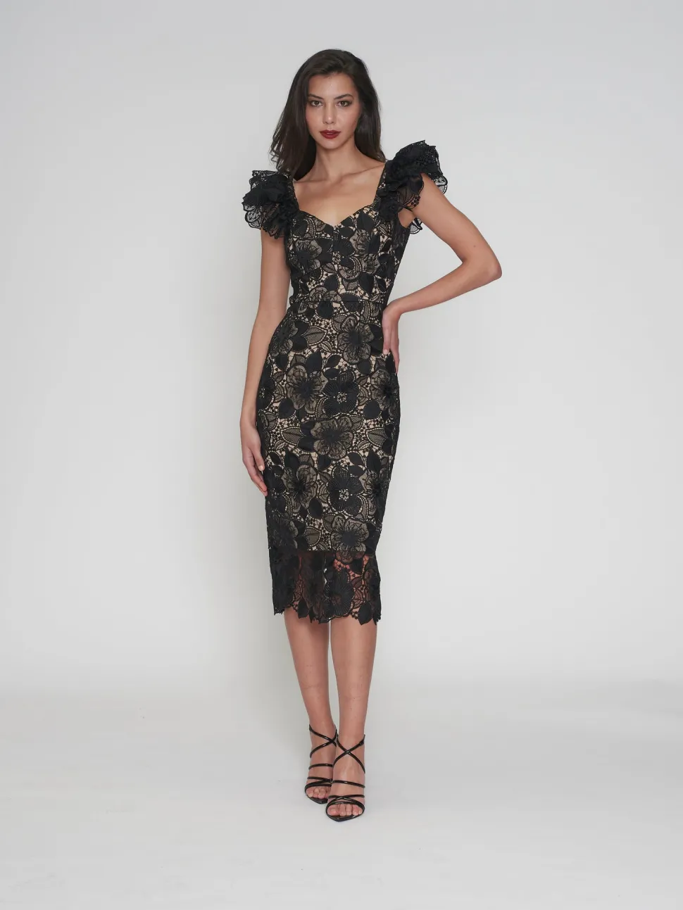 romance__paris_frill_slee_5.webp Romance - Paris Frill Sleeve Midi Dress - Black/Nude FINAL SALE